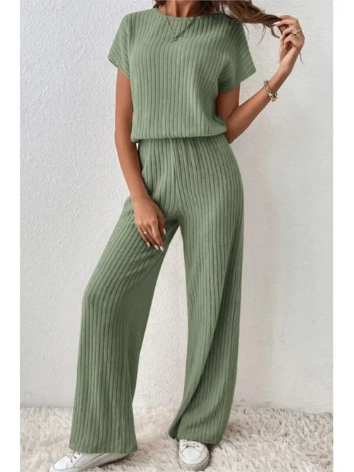 Simple Style Rib Knit Long Pants Suit Women Casual Short Sleeve