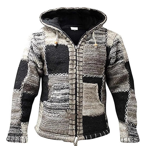 Mens Sweater Hoodie- Vintage Zipper Long Sleeve Patchwork Jacket