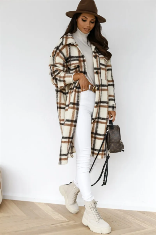 Women Plaid Printed Warm Jacket 2021 Autumn Winter New Fashion Casual