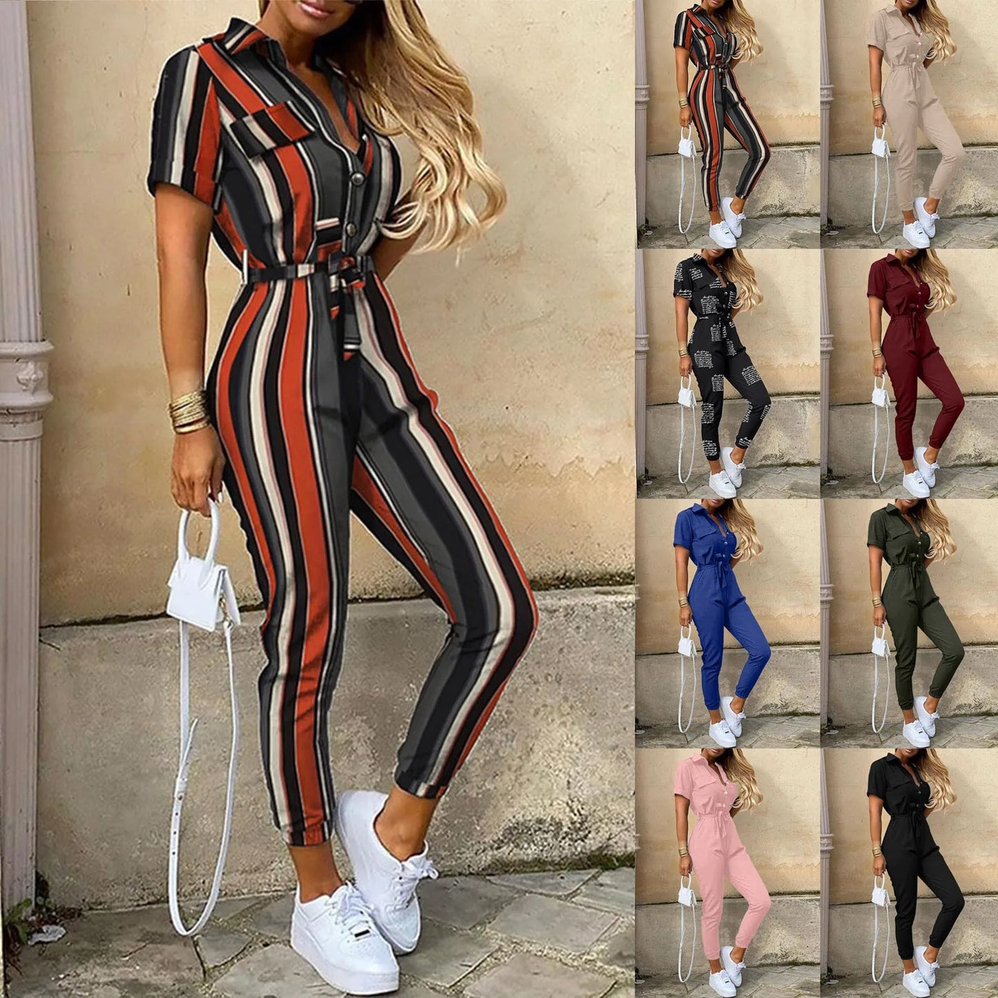 Women's Short Sleeve Belted Jumpsuit