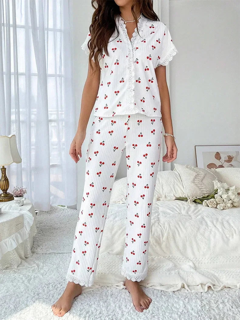 Lace Trim Women Pajama Set Short Sleeve