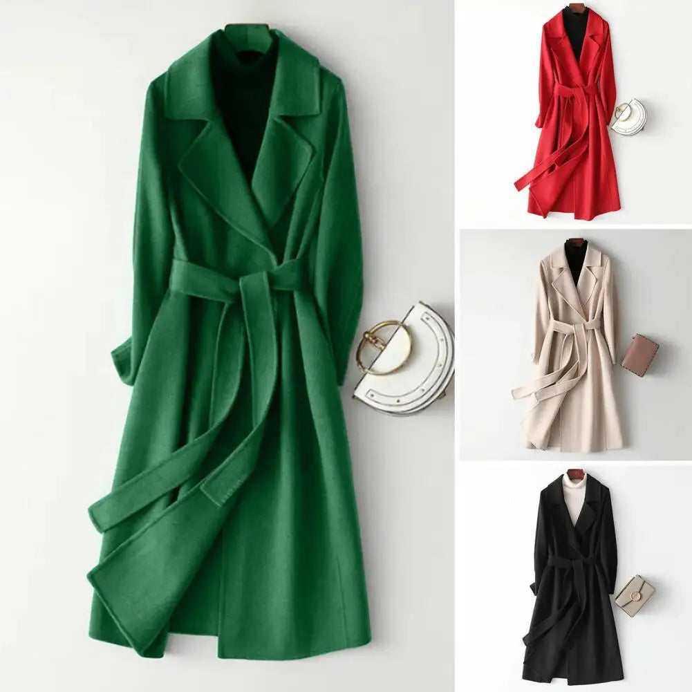 Mid-calf Length Overcoat Stylish Women's Woolen Coat with Belt Long