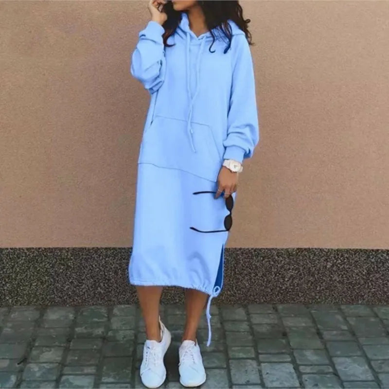 Autumn Solid Long Sweatshirt Dress For Women O Neck