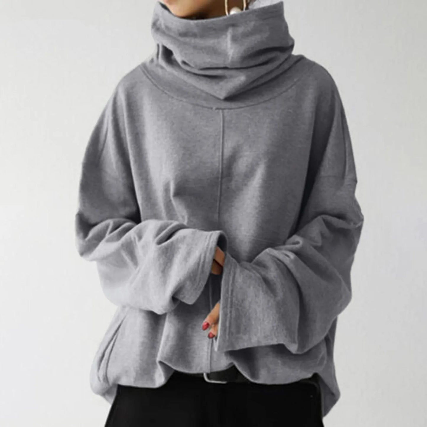 High Neck Warm Solid Color Fashionable Casual Hooded Sweater Long