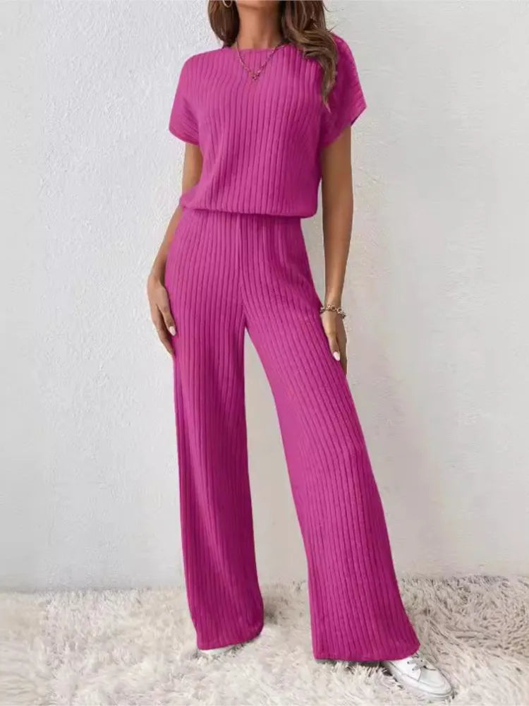 Simple Style Rib Knit Long Pants Suit Women Casual Short Sleeve