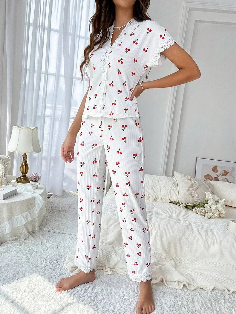 Lace Trim Women Pajama Set Short Sleeve