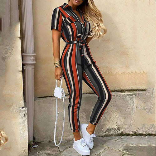 Women's Short Sleeve Belted Jumpsuit