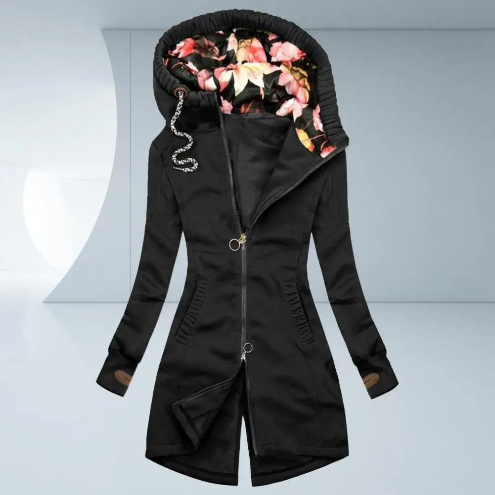 Women Hooded Coat Floral Print Patchwork Autumn Winter Drawstring