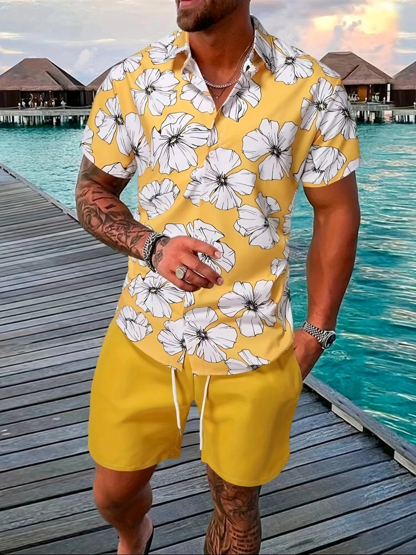 Men's Two-piece Beach-Style Button Up Short-Sleeved Shirt and Shorts