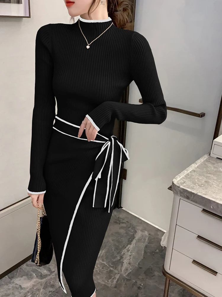 Women Knitted Dress New Autumn Winter Slim Lace-Up Long Sleeve