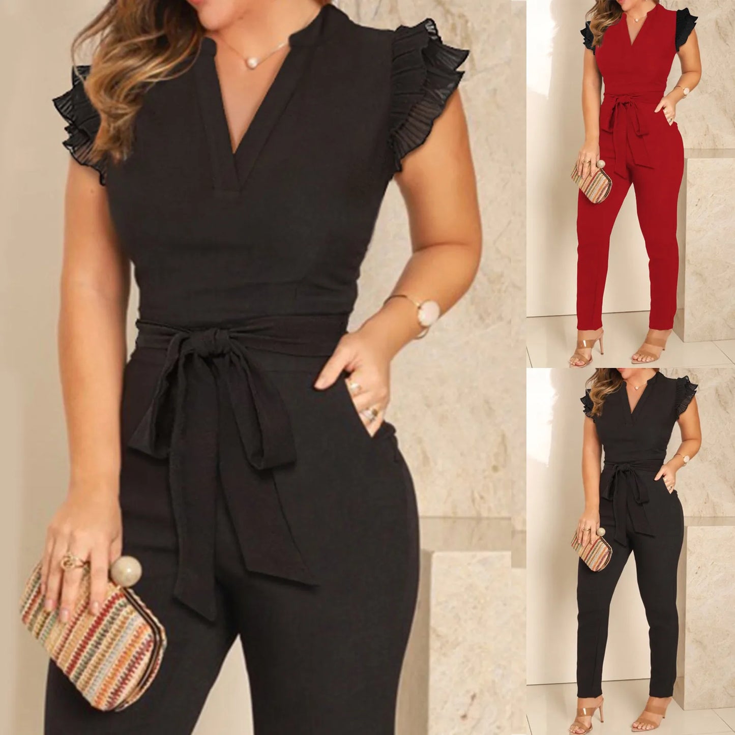 Casual V Neck Jumpsuit-Dressy Sleeveless