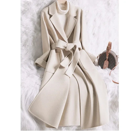 Elegant Medium-length Double-sided Woolen Jacket For Women In White