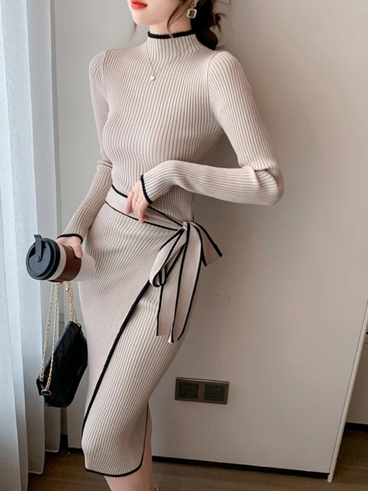 Women Knitted Dress New Autumn Winter Slim Lace-Up Long Sleeve