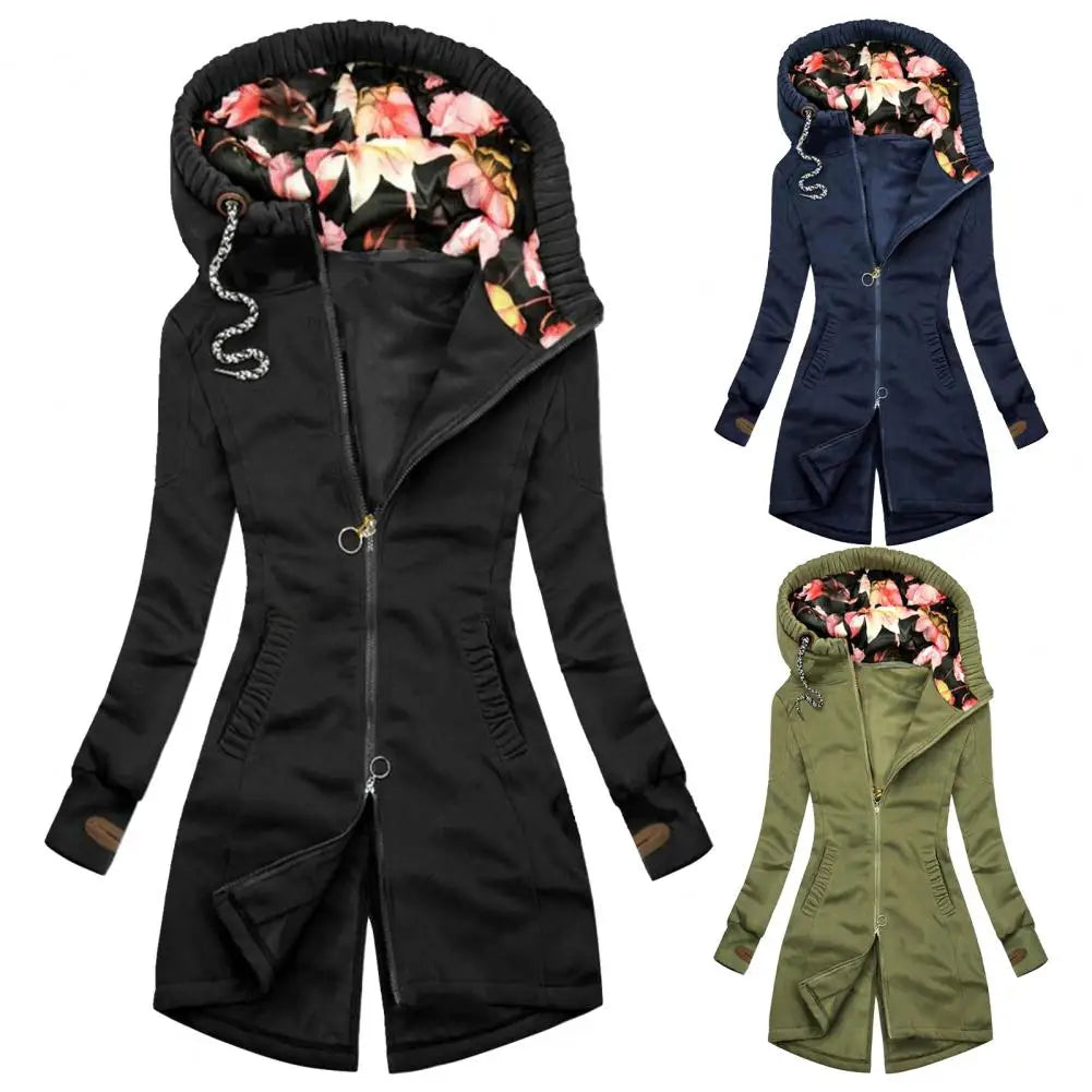 Women Hooded Coat Floral Print Patchwork Autumn Winter Drawstring