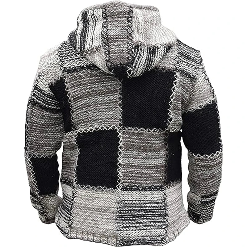 Mens Sweater Hoodie- Vintage Zipper Long Sleeve Patchwork Jacket