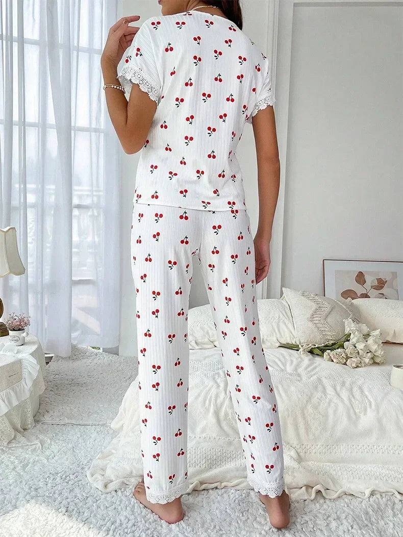 Lace Trim Women Pajama Set Short Sleeve