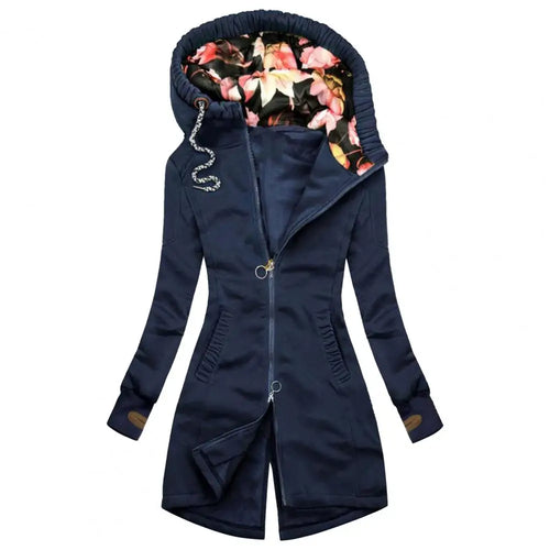 Women Hooded Coat Floral Print Patchwork Autumn Winter Drawstring