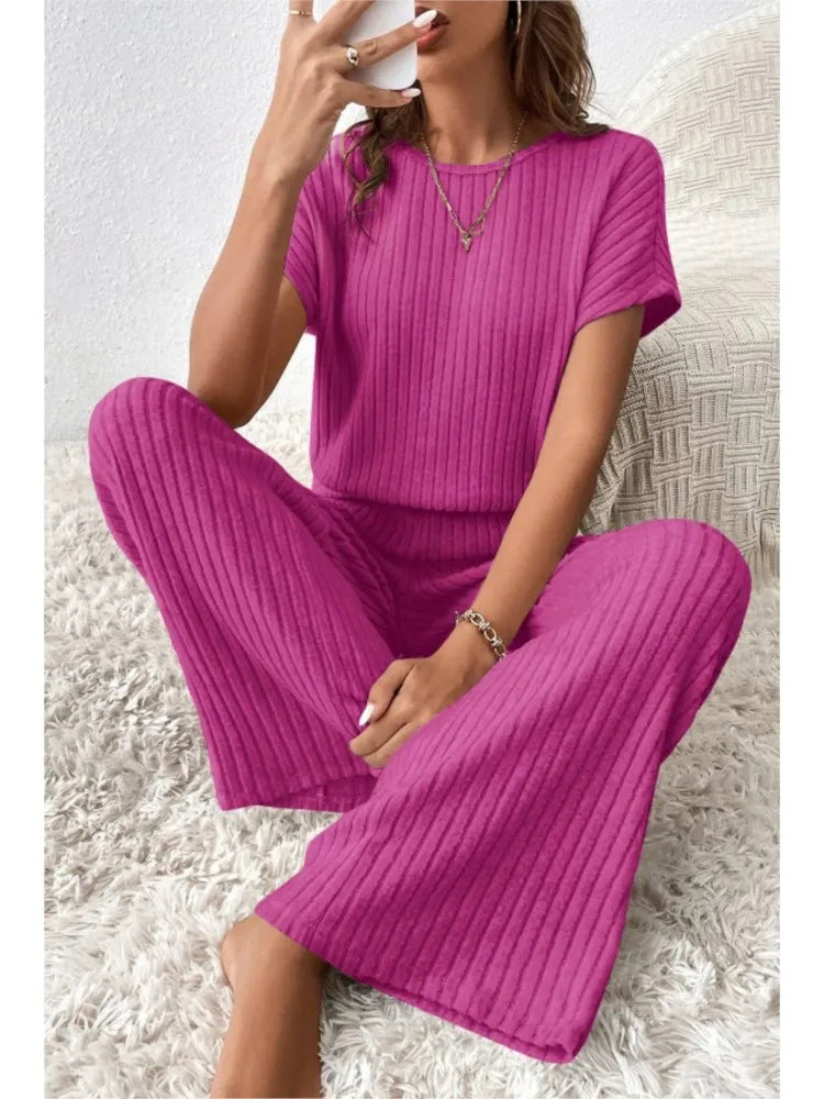 Simple Style Rib Knit Long Pants Suit Women Casual Short Sleeve