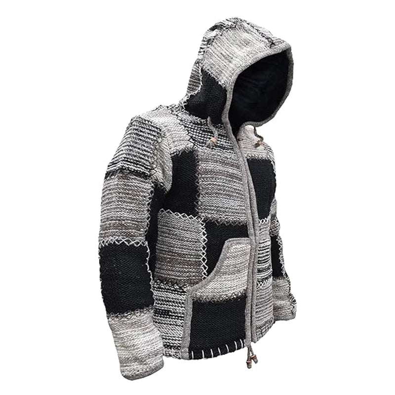 Mens Sweater Hoodie- Vintage Zipper Long Sleeve Patchwork Jacket