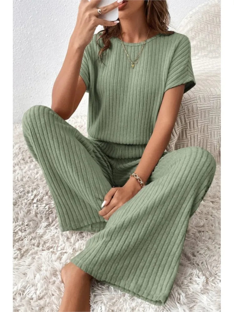 Simple Style Rib Knit Long Pants Suit Women Casual Short Sleeve