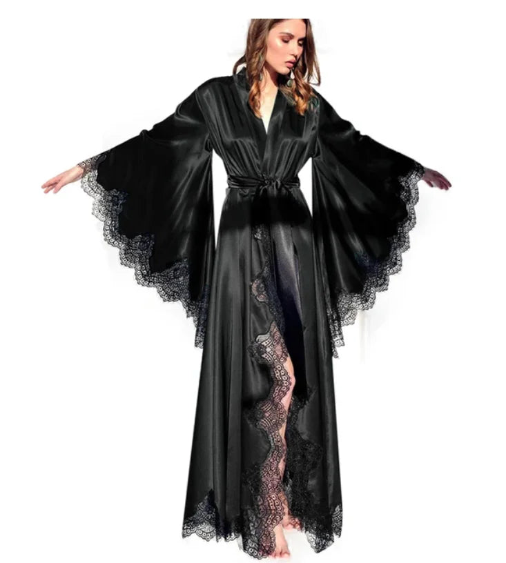 Women's Kimono Pajama-Long Black Silk Satin Lace