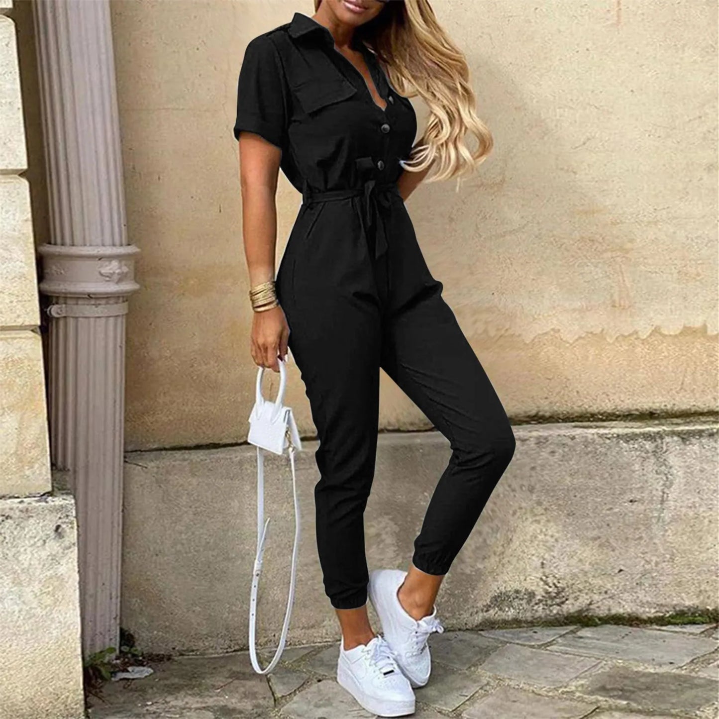 Women's Short Sleeve Belted Jumpsuit