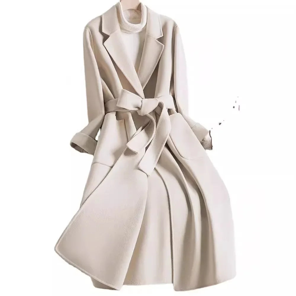 Elegant Medium-length Double-sided Woolen Jacket For Women In White