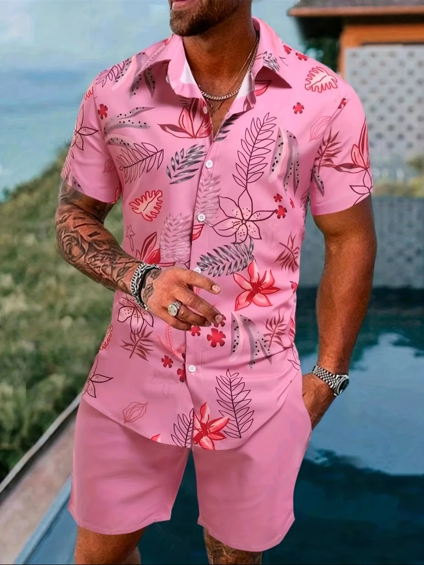 Men's Two-piece Beach-Style Button Up Short-Sleeved Shirt and Shorts