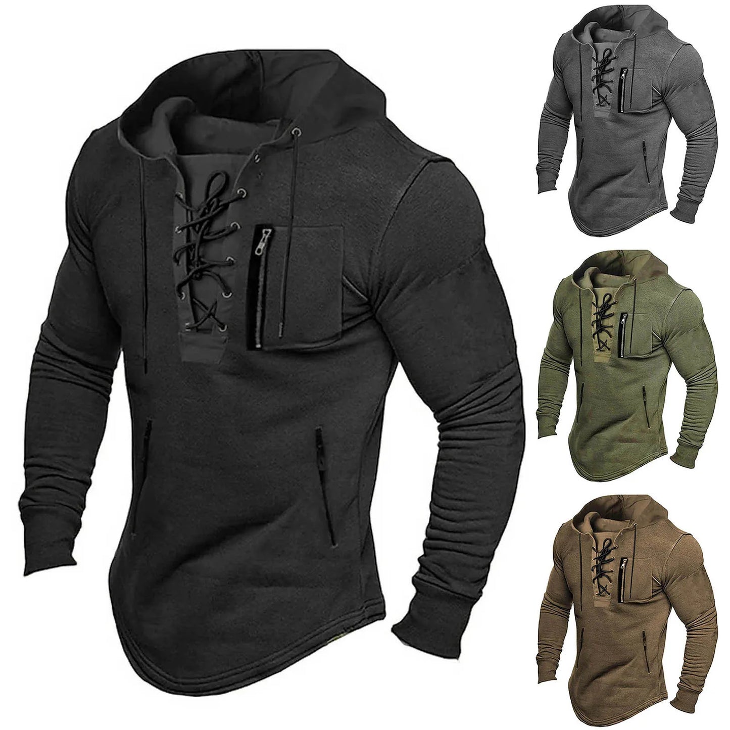 Men's Solid Lace Up Hooded Sweatshirt