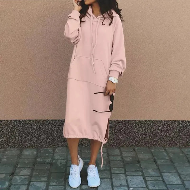 Autumn Solid Long Sweatshirt Dress For Women O Neck