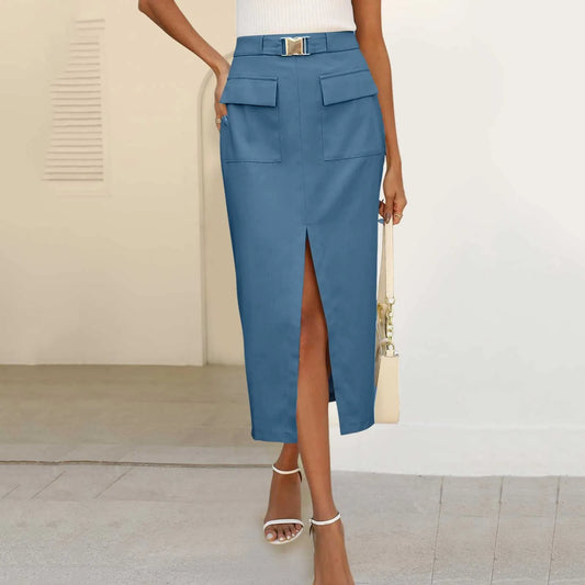 Solid Color Workwear Midi Skirt with Front Slit