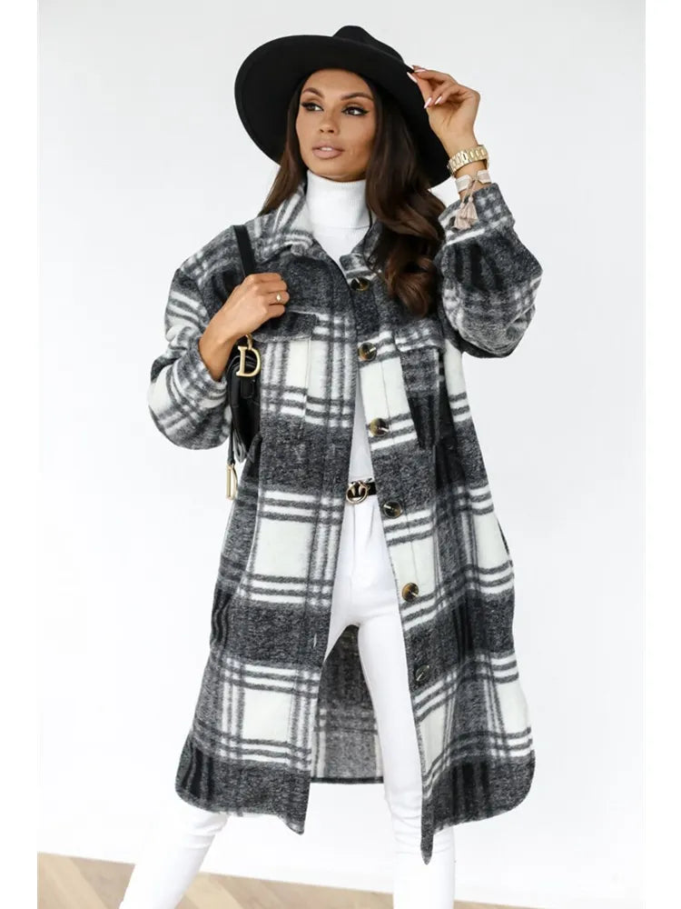 Women Plaid Printed Warm Jacket 2021 Autumn Winter New Fashion Casual