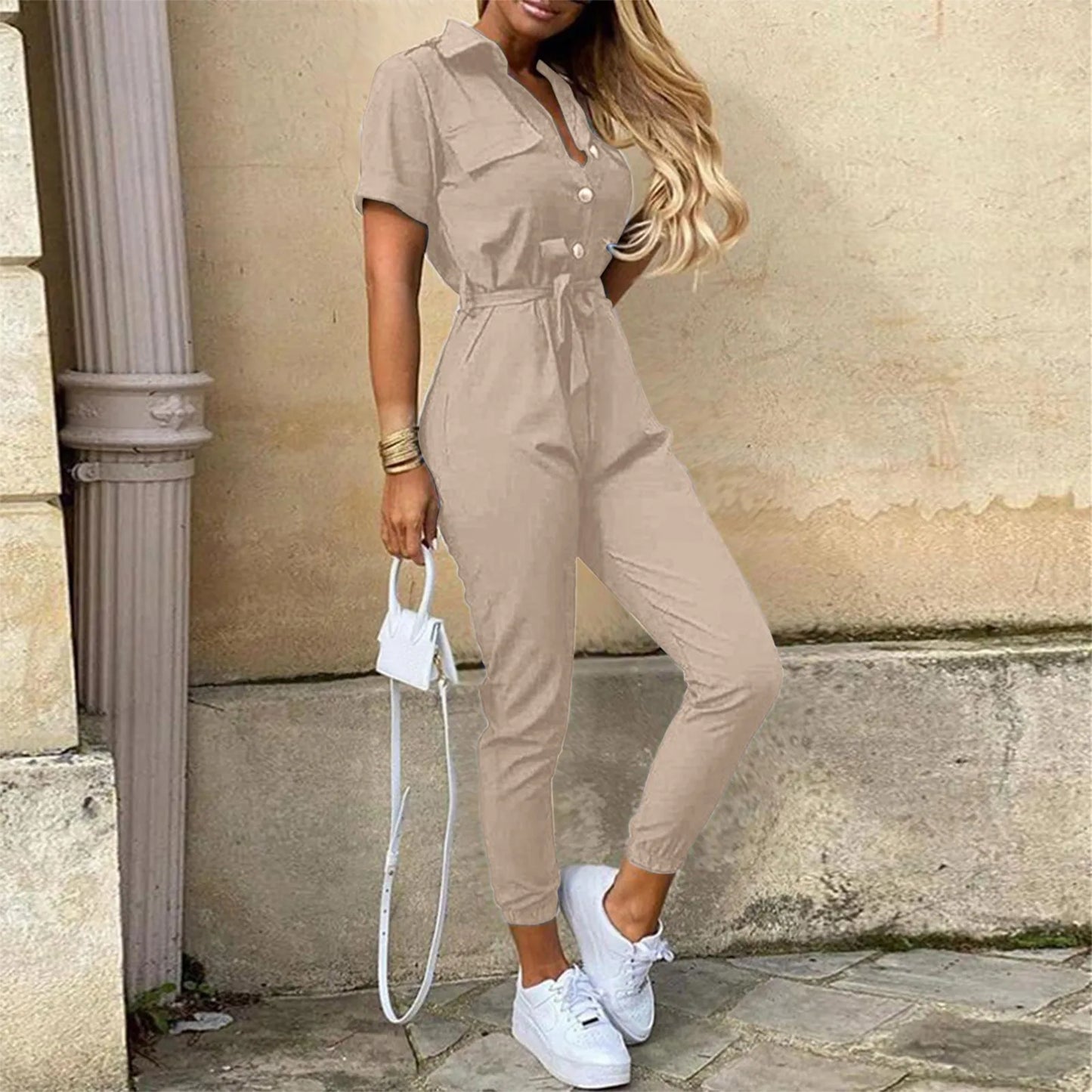 Women's Short Sleeve Belted Jumpsuit