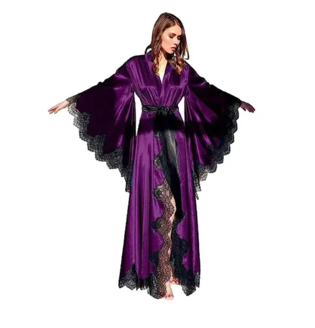 Women's Kimono Pajama-Long Black Silk Satin Lace