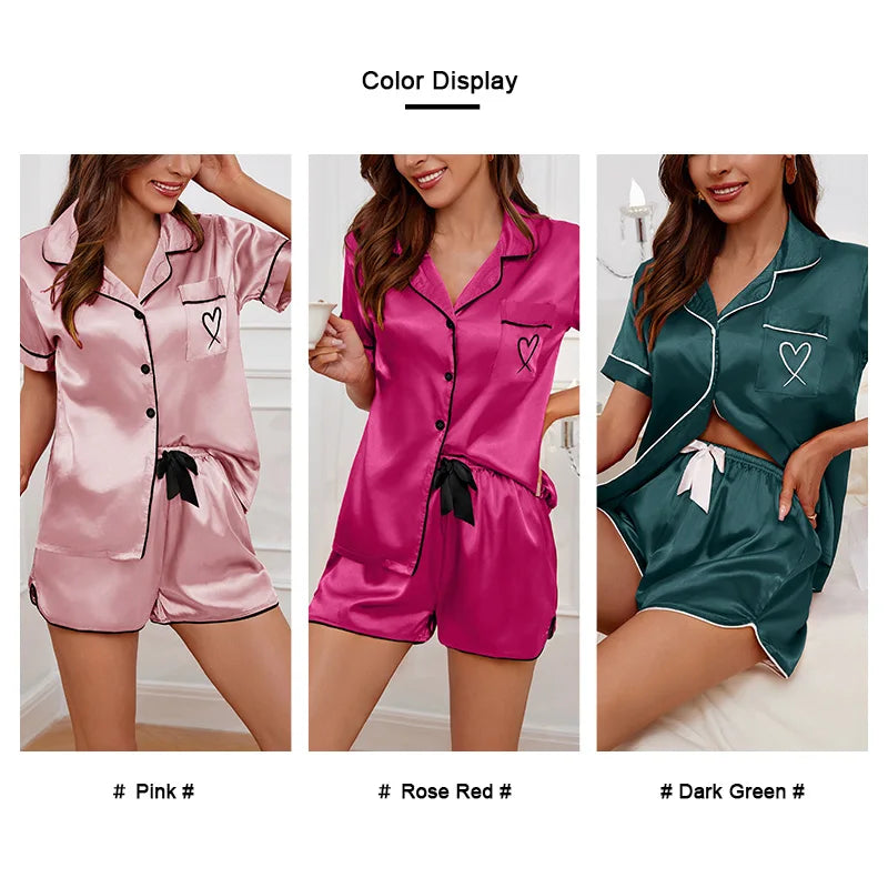 Women's Pajamas Lounge Set Heart Embroidered Pocket Patched Sleepwear