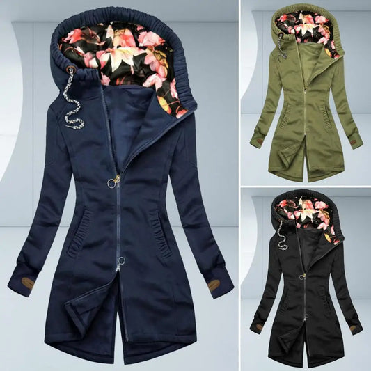 Women Hooded Coat Floral Print Patchwork Autumn Winter Drawstring