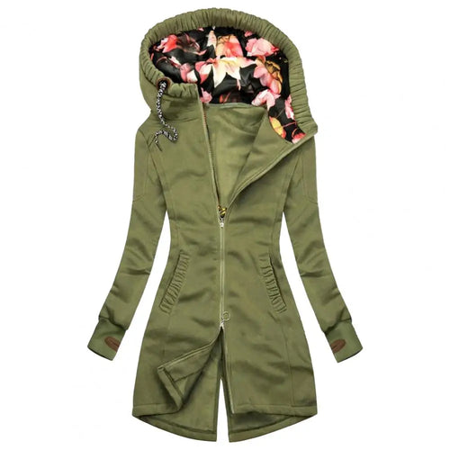 Women Hooded Coat Floral Print Patchwork Autumn Winter Drawstring