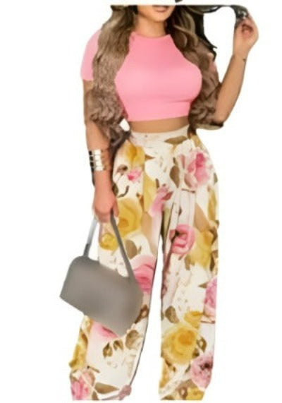 Two Piece Sets Elegant Print Short Sleeve Shirt Pullover + Wide Leg