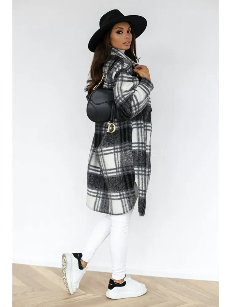 Women Plaid Printed Warm Jacket 2021 Autumn Winter New Fashion Casual