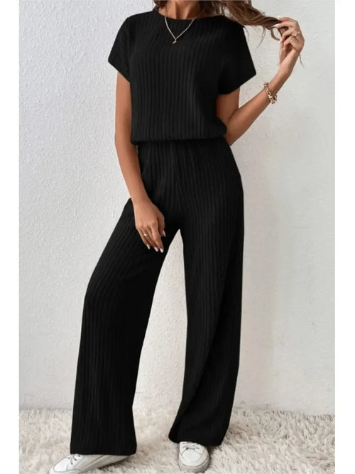 Simple Style Rib Knit Long Pants Suit Women Casual Short Sleeve