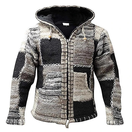 Mens Sweater Hoodie- Vintage Zipper Long Sleeve Patchwork Jacket