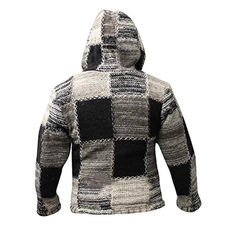 Mens Sweater Hoodie- Vintage Zipper Long Sleeve Patchwork Jacket