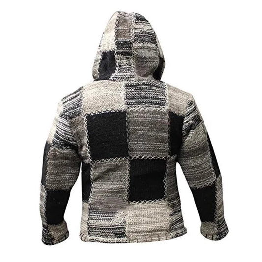 Mens Sweater Hoodie- Vintage Zipper Long Sleeve Patchwork Jacket