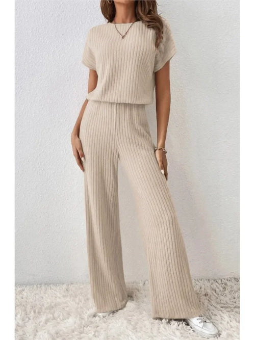 Simple Style Rib Knit Long Pants Suit Women Casual Short Sleeve