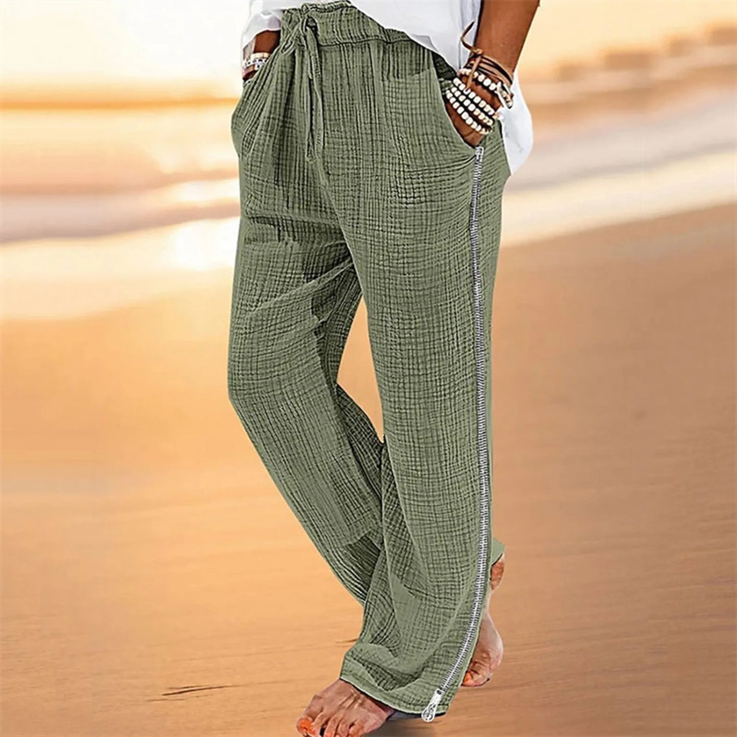 Men’s Solid Casual Pocket Side Zipper Wide Leg Pants