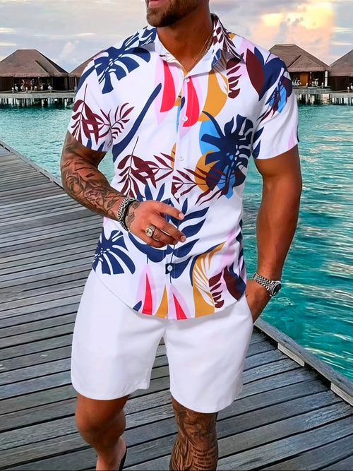 Men's Two-piece Beach-Style Button Up Short-Sleeved Shirt and Shorts