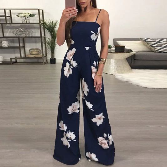 Women's Floral Printed Jumpsuit-Adjustable Shoulder Strap- Medium