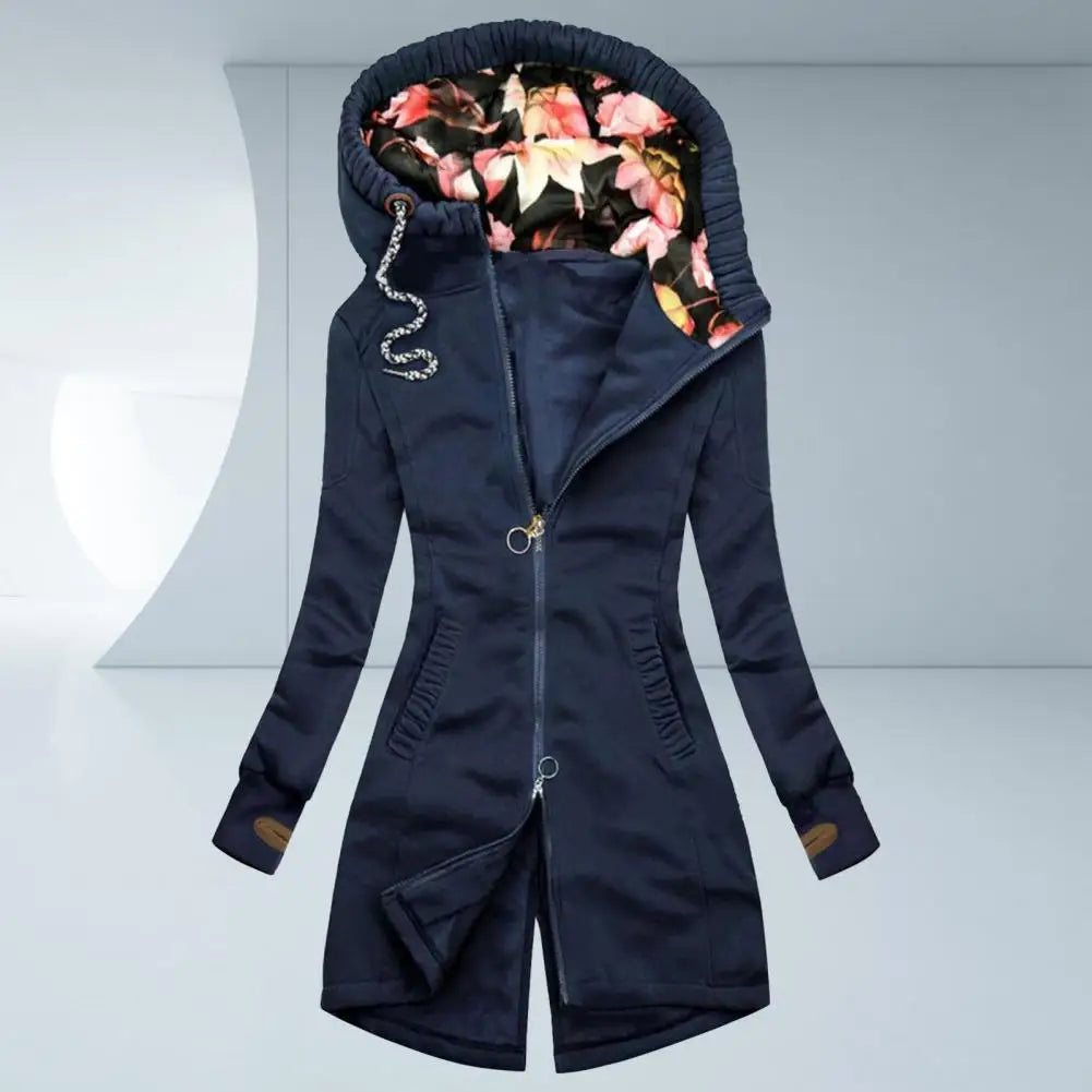 Women Hooded Coat Floral Print Patchwork Autumn Winter Drawstring