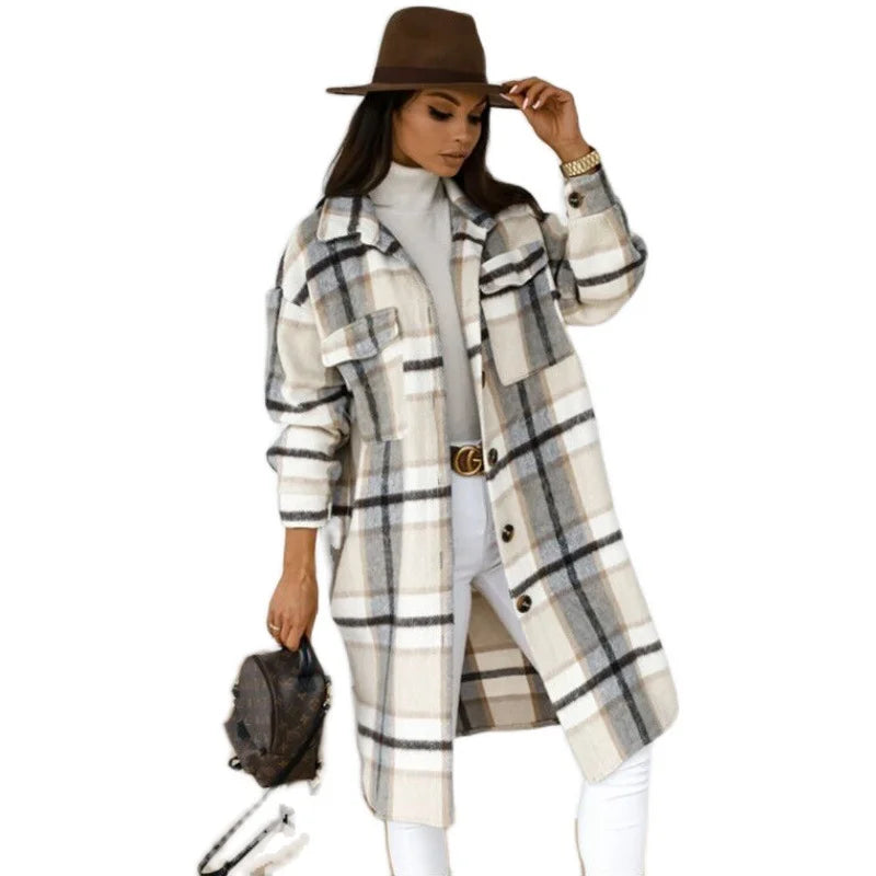 Women Plaid Printed Warm Jacket 2021 Autumn Winter New Fashion Casual