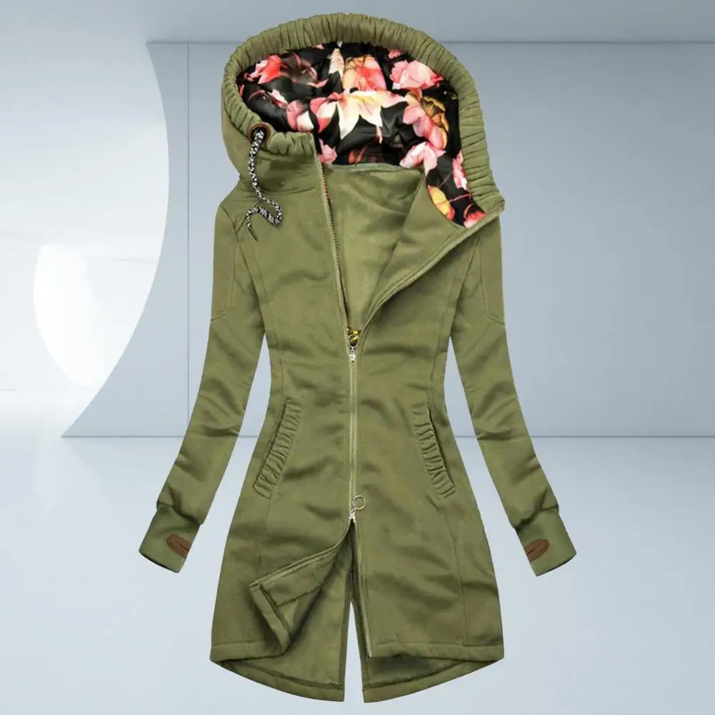 Women Hooded Coat Floral Print Patchwork Autumn Winter Drawstring